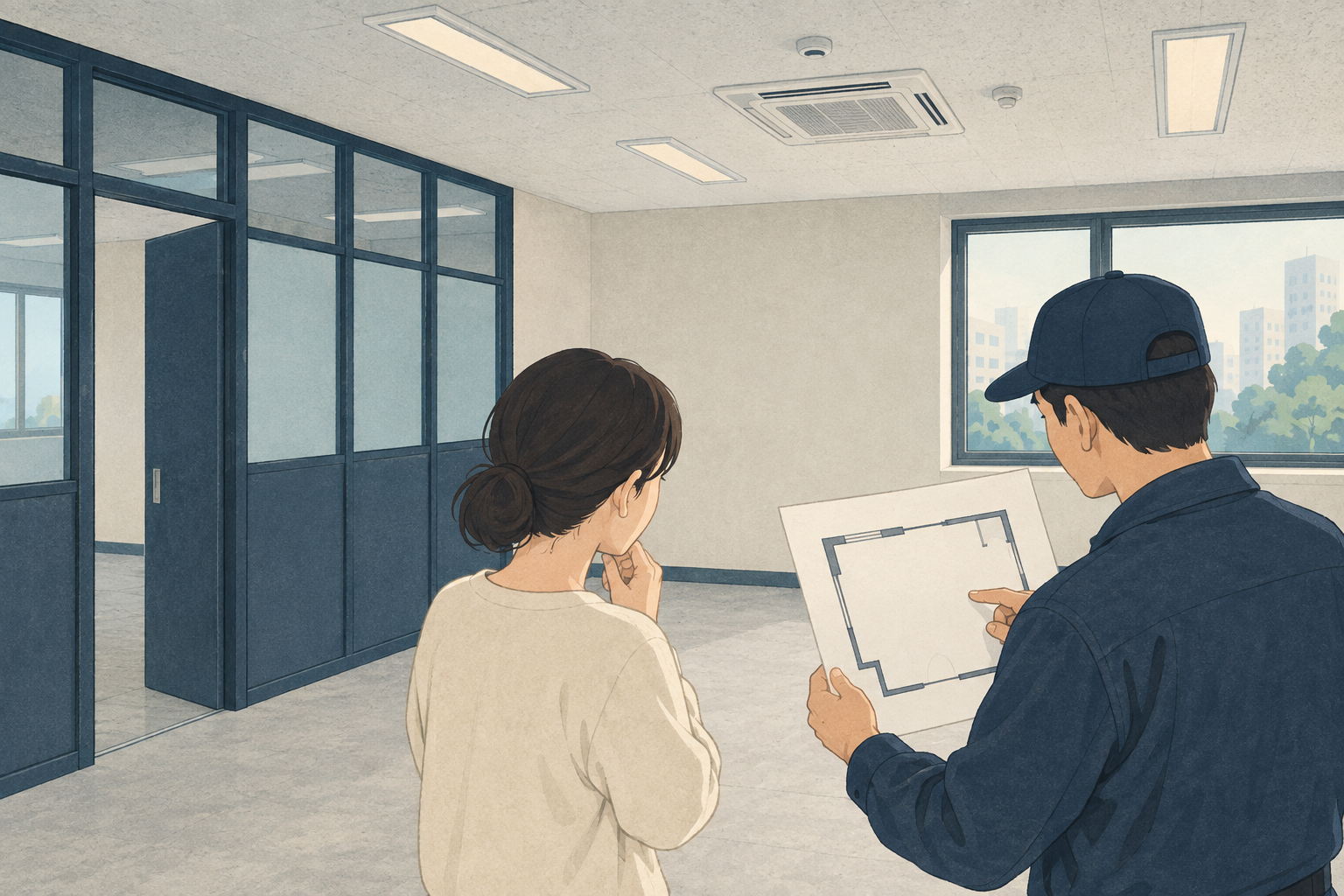 가벽철거 문의 전 확인할 벽의 범위와 남길 설비 주제를 설명하는 삽화