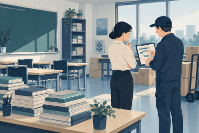 학원철거 준비, 마지막 수업과 교재·집기 반출 일정 나누기 관련 설명용 삽화