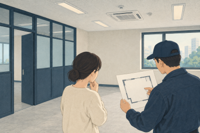 가벽철거 문의 전 확인할 벽의 범위와 남길 설비 주제를 설명하는 삽화