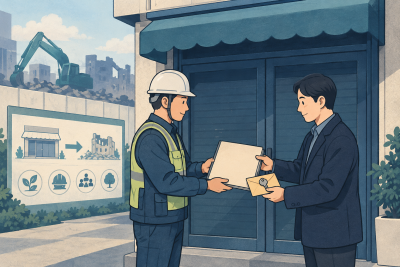 상가철거 현장 출입, 열쇠와 공동 출입구를 인계하는 방법 관련 설명용 삽화