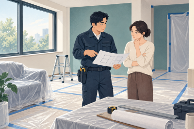 인테리어철거 보양 범위, 남길 바닥과 창문을 표시하는 방법 관련 설명용 삽화